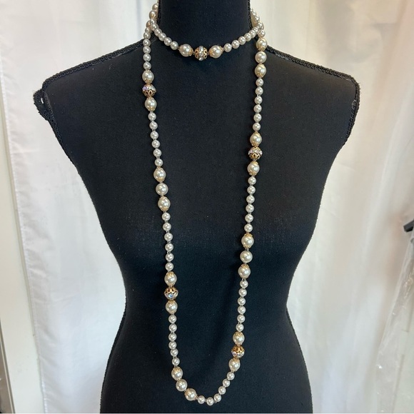 FAUX Pearl Aurora Borealis Swarovski crystal rhinestone long necklace - Picture 3 of 13